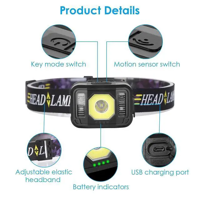 Alt view image 5 of 7 - 2Pcs Head Lamp, Motion Sensor Rechargeable Headlamp,6 Modes Ultra-Light Headlamp