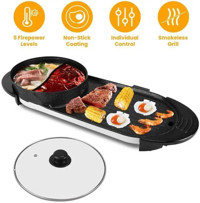 Main image of 2 in 1 Electric Hot Pot w/ BBQ Grill Cooker 2200W Smokeless Non-Stick Korean BBQ