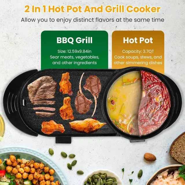 Alt view image 2 of 7 - 2 in 1 Electric Hot Pot w/ BBQ Grill Cooker 2200W Smokeless Non-Stick Korean BBQ