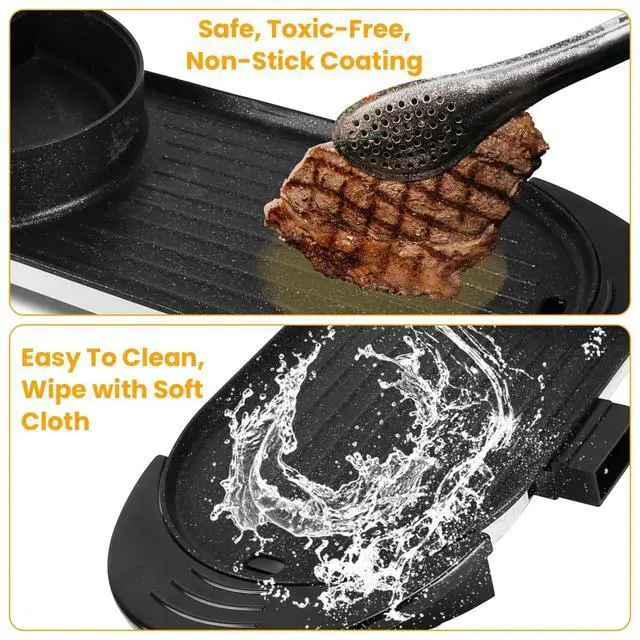 Alt view image 5 of 7 - 2 in 1 Electric Hot Pot w/ BBQ Grill Cooker 2200W Smokeless Non-Stick Korean BBQ