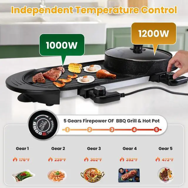 Alt view image 3 of 7 - 2 in 1 Electric Hot Pot w/ BBQ Grill Cooker 2200W Smokeless Non-Stick Korean BBQ