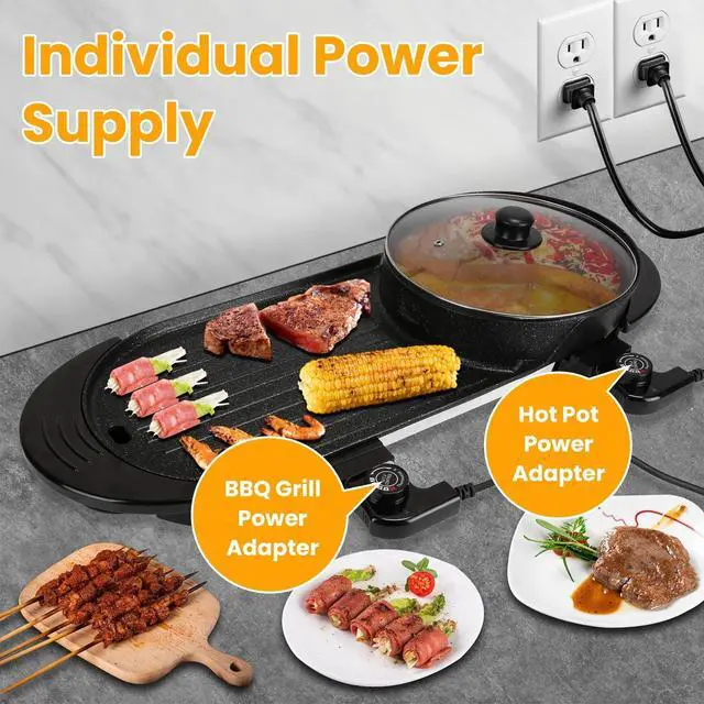 Alt view image 4 of 7 - 2 in 1 Electric Hot Pot w/ BBQ Grill Cooker 2200W Smokeless Non-Stick Korean BBQ