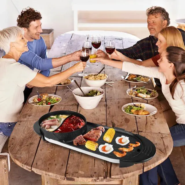 Alt view image 7 of 7 - 2 in 1 Electric Hot Pot w/ BBQ Grill Cooker 2200W Smokeless Non-Stick Korean BBQ