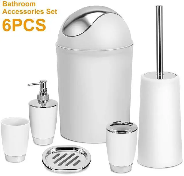 Alt view image 2 of 7 - 6-Piece White Bathroom Set Durable PP Modern Design Trash Can Included