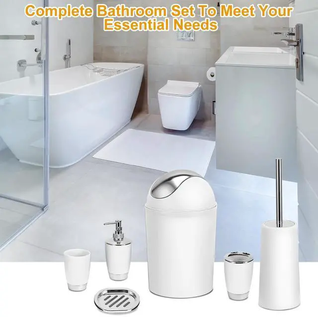 Alt view image 3 of 7 - 6-Piece White Bathroom Set Durable PP Modern Design Trash Can Included