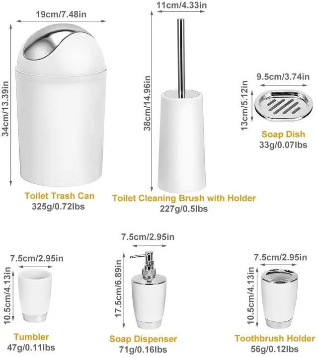Alt view image 6 of 7 - 6-Piece White Bathroom Set Durable PP Modern Design Trash Can Included