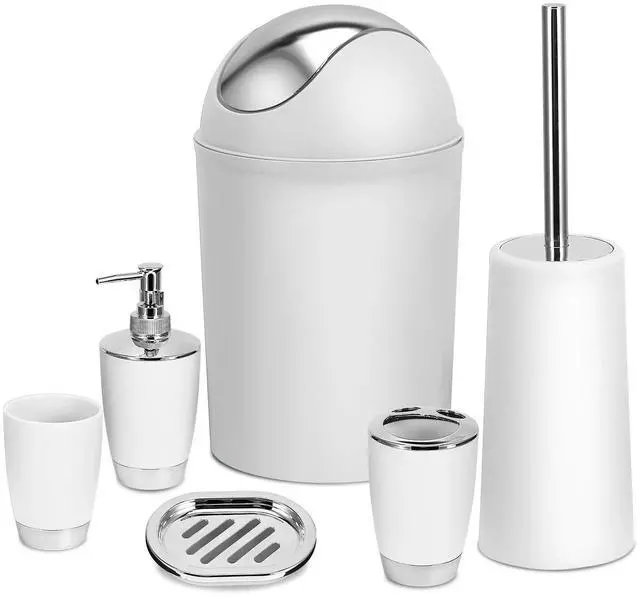Main image of 6-Piece White Bathroom Set Durable PP Modern Design Trash Can Included