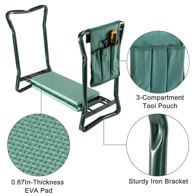 Alt view image 5 of 7 - Folding Garden Kneeler Bench Pad Seat w/ 3 Storage Pouches for Picnic &Gardening