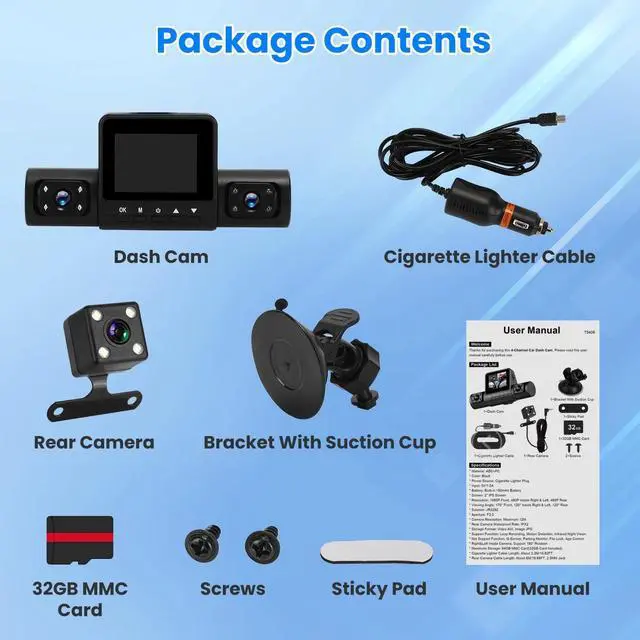 Alt view image 7 of 7 - 360° View FHD 4 Channel Dash Cam 1080P Front 480P Rear Left Right Inside Dash