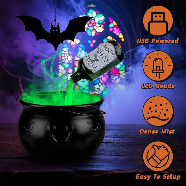 Alt view image 2 of 7 - Halloween Witch Cauldron Bucket USB Powered Green Glow Potion Effect Tabletop