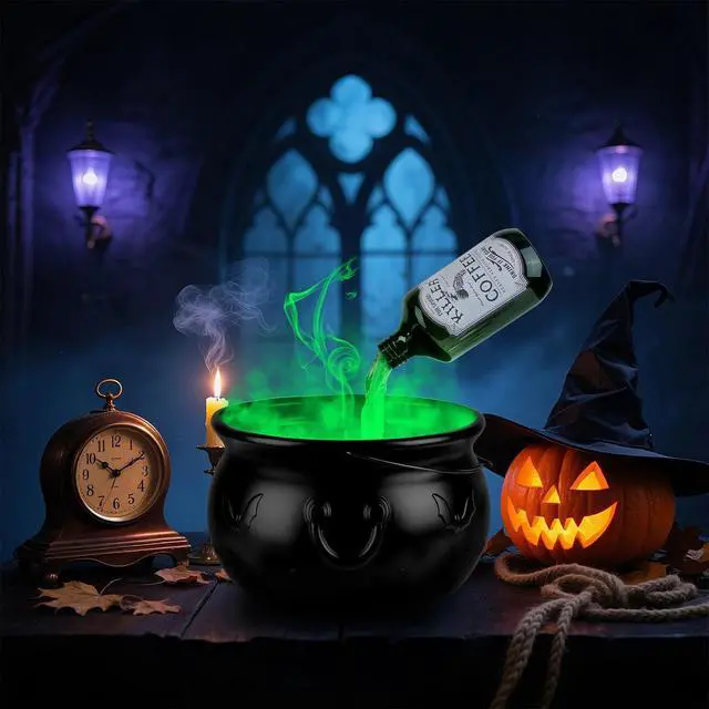 Alt view image 5 of 7 - Halloween Witch Cauldron Bucket USB Powered Green Glow Potion Effect Tabletop