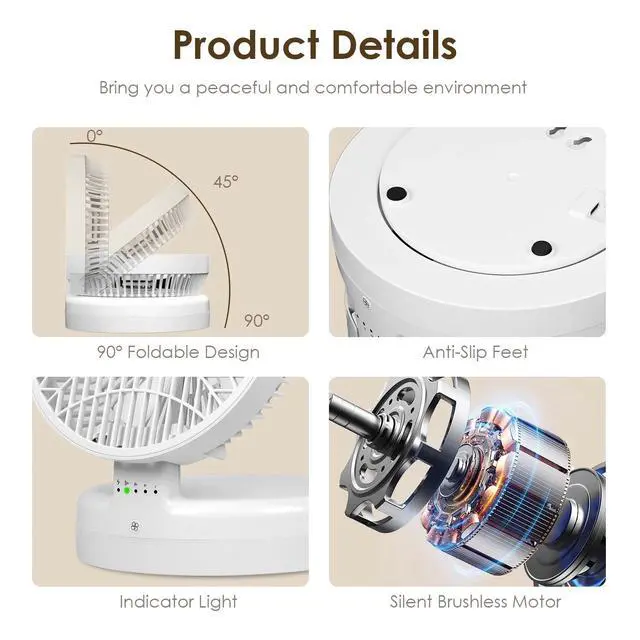 Alt view image 5 of 7 - Rechargeable Battery Operated Desk Fan w/ 90 Foldable Ultra Quiet 4 Speeds Light