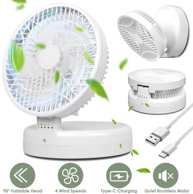Main image of Rechargeable Battery Operated Desk Fan w/ 90 Foldable Ultra Quiet 4 Speeds Light