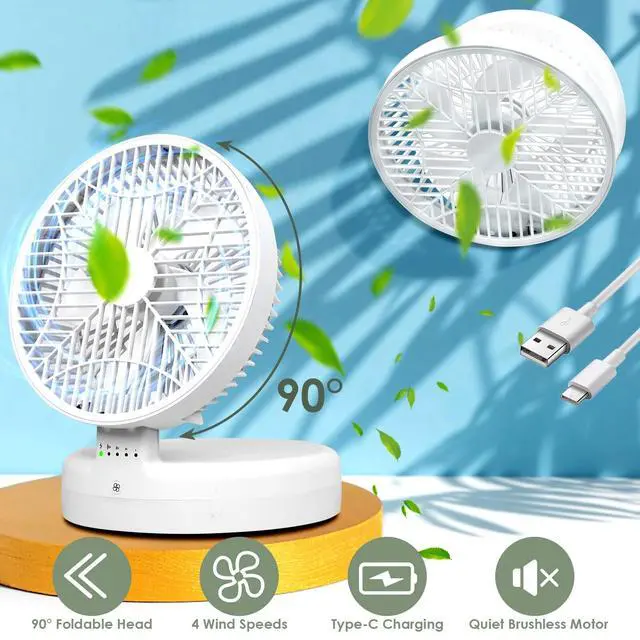 Alt view image 2 of 7 - Rechargeable Battery Operated Desk Fan w/ 90 Foldable Ultra Quiet 4 Speeds Light