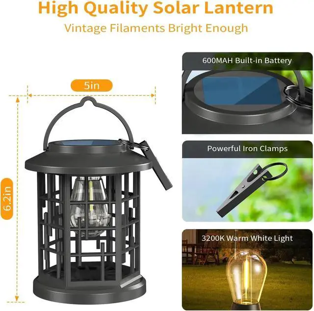 Alt view image 2 of 6 - 2 Pack Solar Powered Waterproof Outdoor Hanging Lanterns - Warm White Solar LED