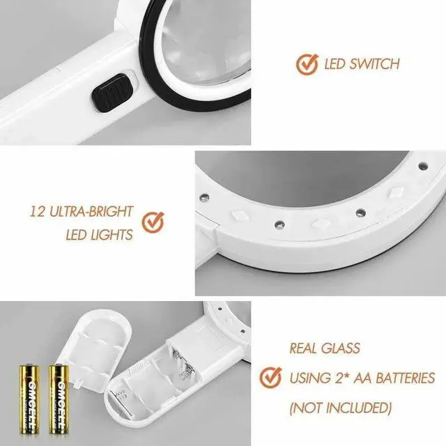 Alt view image 2 of 6 - 30X Jumbo Handheld Magnifying Glass w/ 12 Bright LED Light Illuminated Magnifier
