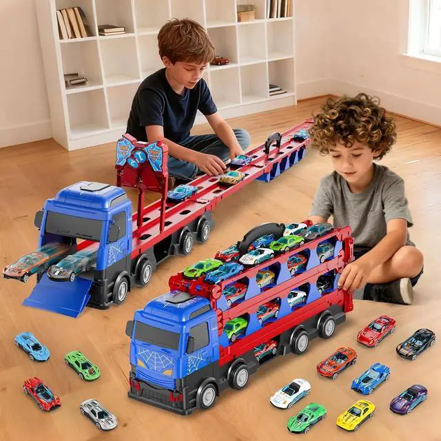 Alt view image 5 of 6 - Race Track Toys 78' Dual Track Transport Truck with 12 Die-Cast Car for Kids 3-6