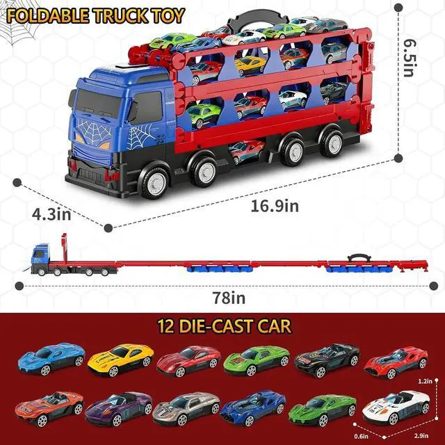 Alt view image 6 of 6 - Race Track Toys 78' Dual Track Transport Truck with 12 Die-Cast Car for Kids 3-6