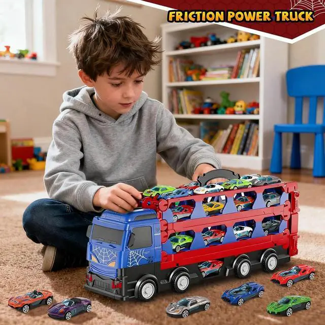 Alt view image 2 of 6 - Race Track Toys 78' Dual Track Transport Truck with 12 Die-Cast Car for Kids 3-6