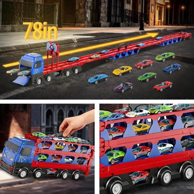 Alt view image 4 of 6 - Race Track Toys 78' Dual Track Transport Truck with 12 Die-Cast Car for Kids 3-6