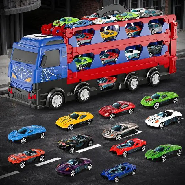 Alt view image 3 of 6 - Race Track Toys 78' Dual Track Transport Truck with 12 Die-Cast Car for Kids 3-6