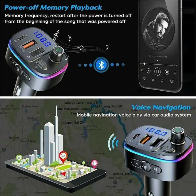 Alt view image 5 of 6 - Bluetooth 5.0 FM Transmitter for Car, QC3.0 Type-C PD 18W Wireless FM Radio Kit