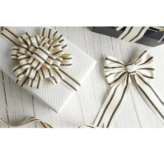 Alt view image 3 of 5 - 3/8" Natural Cotton Stripes Ribbon Striped Grosgrain Ribbon Striped Cotton Ivory