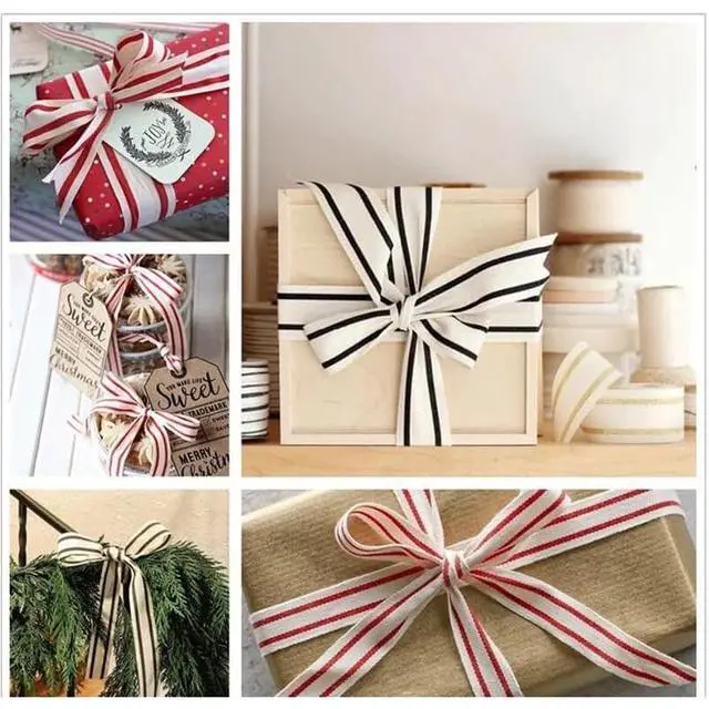 Alt view image 5 of 5 - 3/8" Natural Cotton Stripes Ribbon Striped Grosgrain Ribbon Striped Cotton Ivory