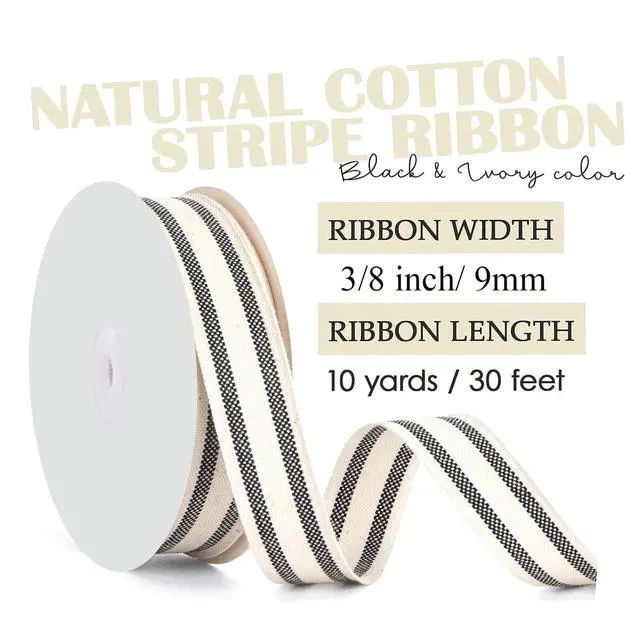 Alt view image 2 of 5 - 3/8" Natural Cotton Stripes Ribbon Striped Grosgrain Ribbon Striped Cotton Ivory