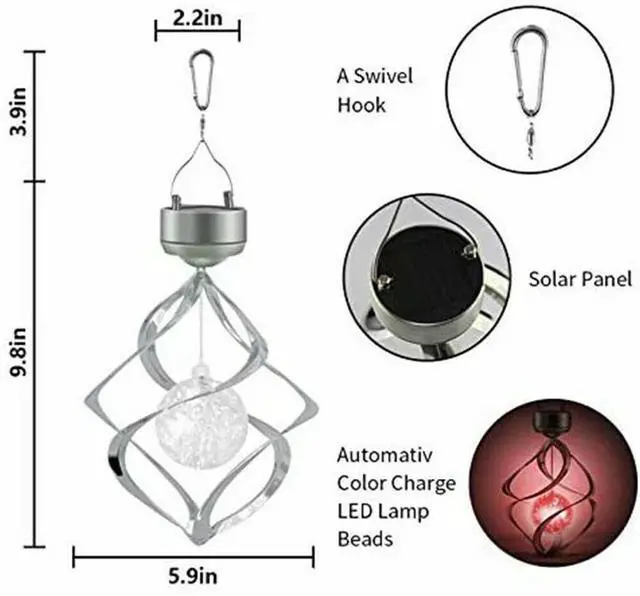 Alt view image 7 of 7 - Solar Powered Wind Chimes LED Spiral Spinner Lamp Colour Changing Hanging Light