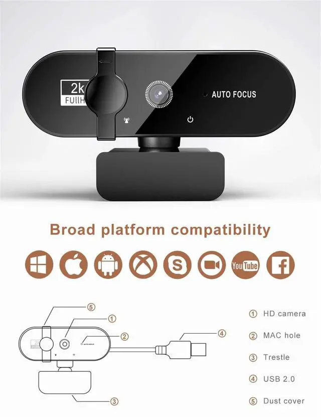 Alt view image 6 of 7 - 2K HD Web Camera with Microphone Ring Light Autofocus Pro Computer Gaming Webcam