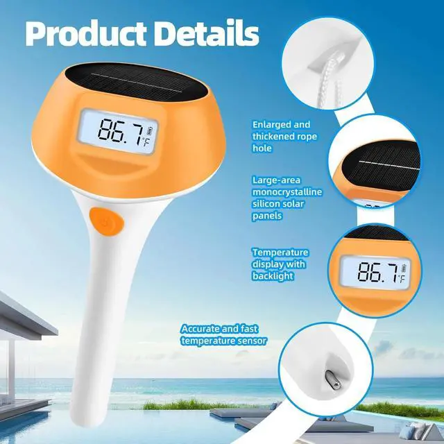 Alt view image 5 of 7 - Pool Solar Powered Digital Thermometer IP68 Waterproof with Rope for Outdoor New