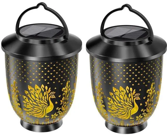 Main image of 2PK Hanging Solar LED Lights Lantern Outdoor Waterproof Peacock Garden Decor
