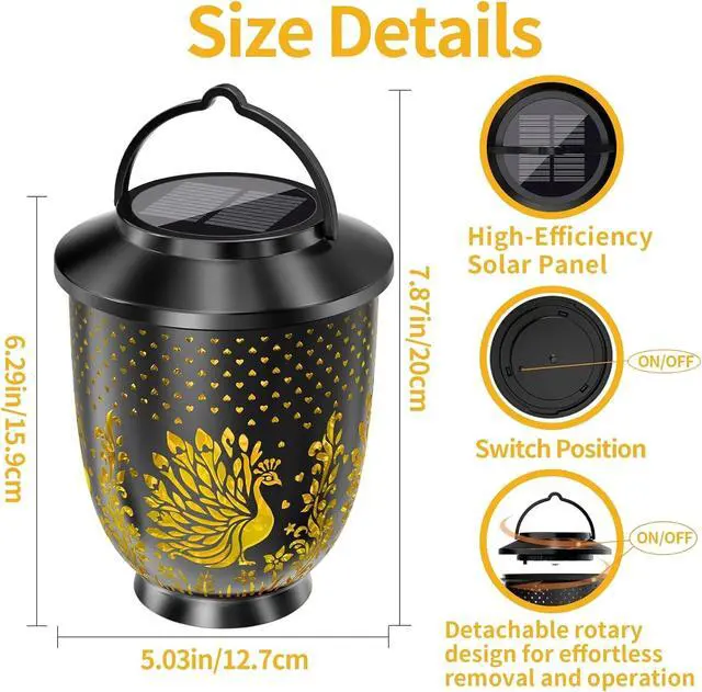 Alt view image 5 of 7 - 2PK Hanging Solar LED Lights Lantern Outdoor Waterproof Peacock Garden Decor