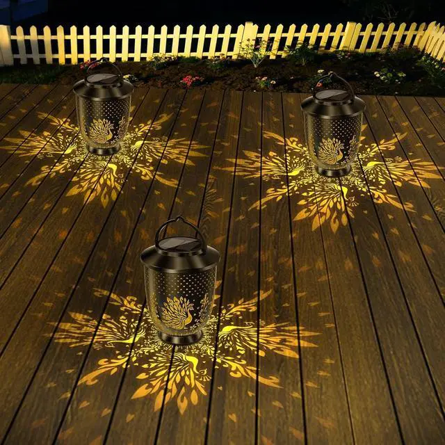 Alt view image 3 of 7 - 2PK Hanging Solar LED Lights Lantern Outdoor Waterproof Peacock Garden Decor