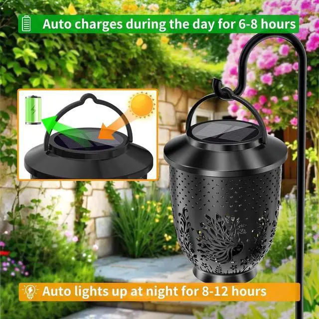 Alt view image 2 of 7 - 2PK Hanging Solar LED Lights Lantern Outdoor Waterproof Peacock Garden Decor