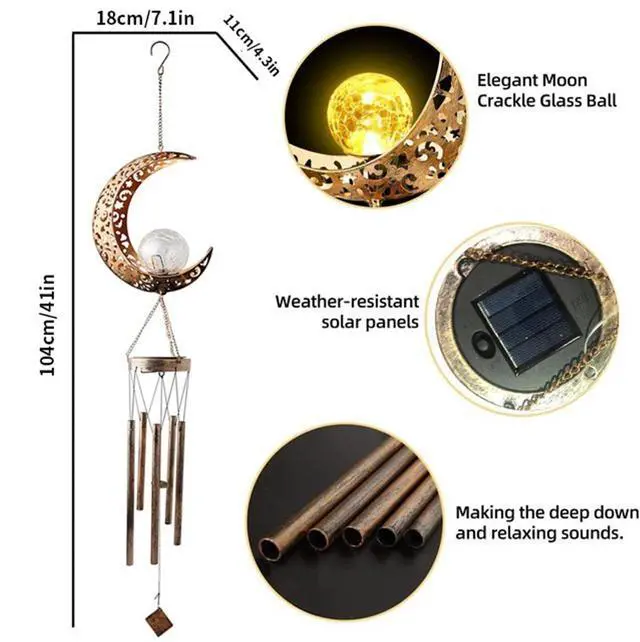 Alt view image 4 of 6 - Solar LED Light Lamp Moon Wind Chimes Outdoor Home Solar Crackle Glass Ball Lamp