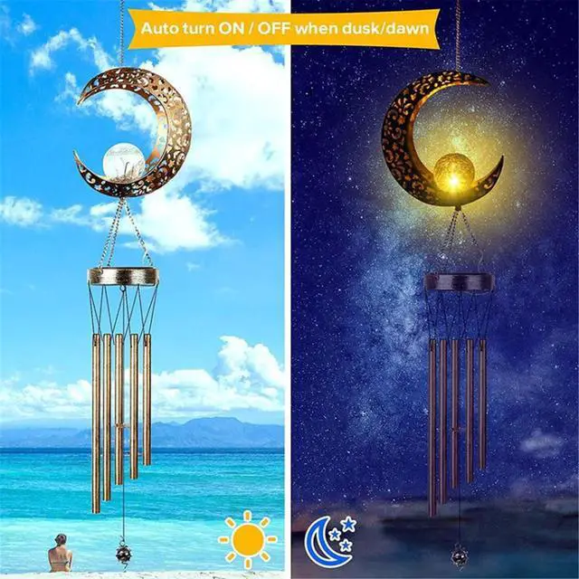 Alt view image 5 of 6 - Solar LED Light Lamp Moon Wind Chimes Outdoor Home Solar Crackle Glass Ball Lamp