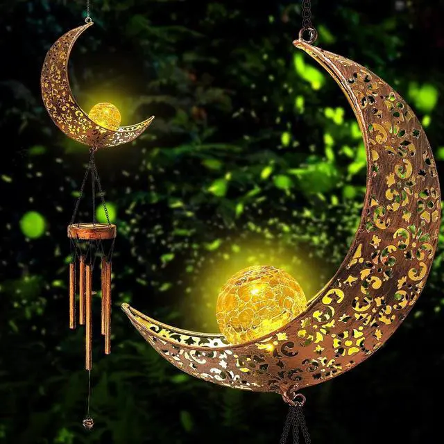 Main image of Solar LED Light Lamp Moon Wind Chimes Outdoor Home Solar Crackle Glass Ball Lamp