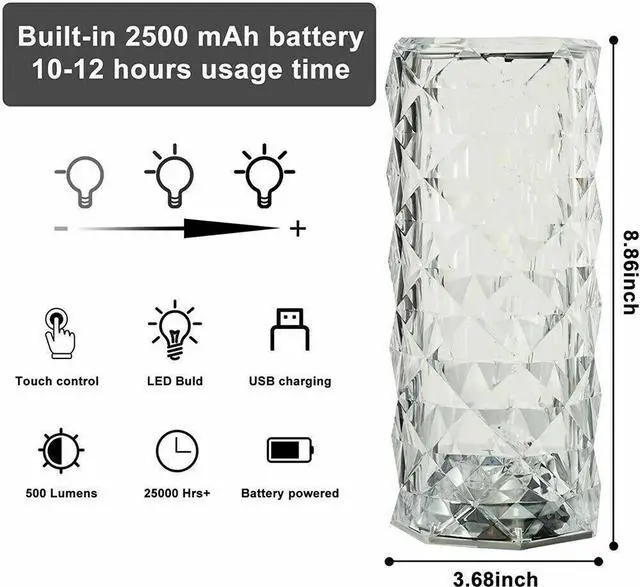 Alt view image 7 of 7 - LED Crystal Table Lamp Diamond Rose Night Light Touch Atmosphere Bedside Bar USA