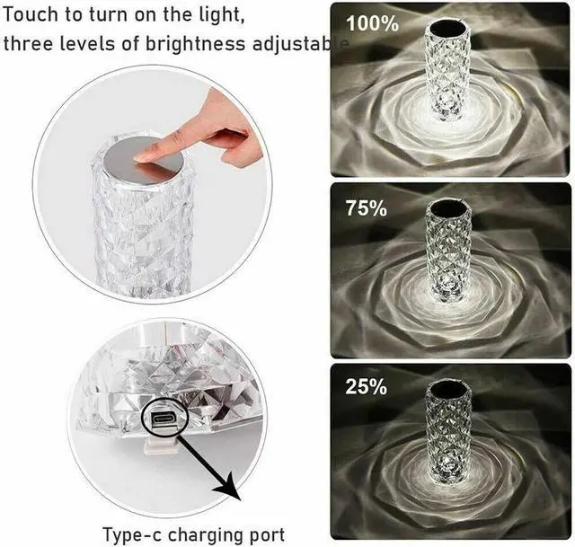 Alt view image 6 of 7 - LED Crystal Table Lamp Diamond Rose Night Light Touch Atmosphere Bedside Bar USA