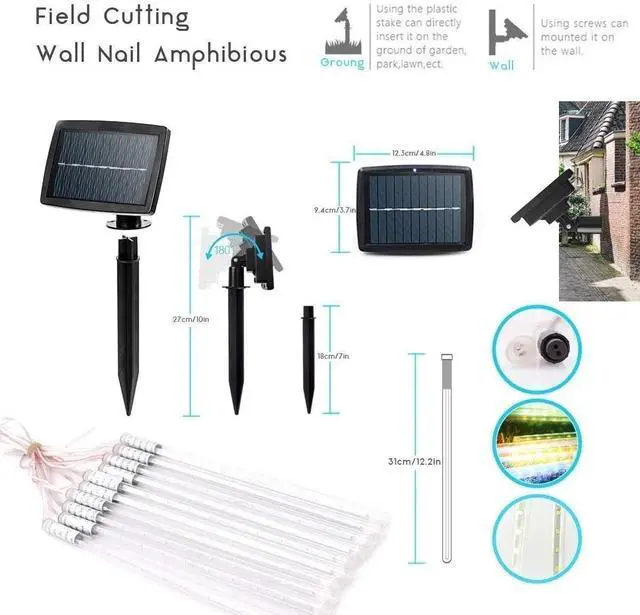 Alt view image 6 of 6 - LED Meteor Shower Solar Lights Outdoor 30cm 10Tubes 360LEDs Falling String Light