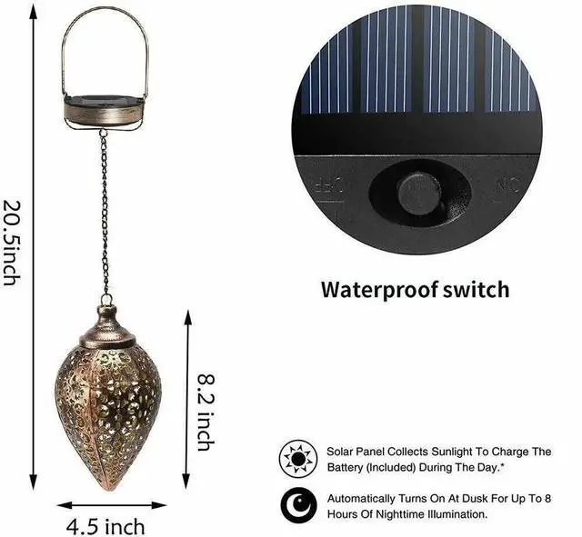 Alt view image 7 of 7 - Solar Power LED Hanging Lantern Light Metal Garden Yard Decor Lamp Rechargeable