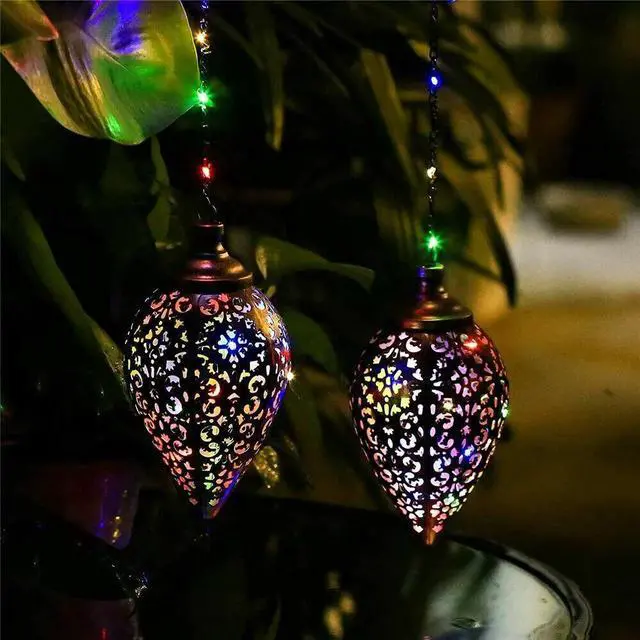 Alt view image 6 of 7 - Solar Power LED Hanging Lantern Light Metal Garden Yard Decor Lamp Rechargeable