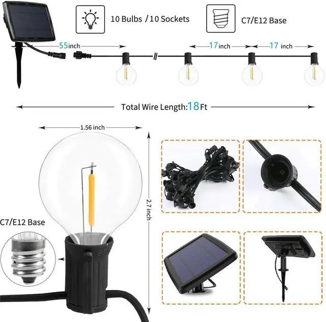 Alt view image 5 of 7 - G40 Solar Powered 18ft Outdoor Patio Globe String Lights Bistro Yard Decoration