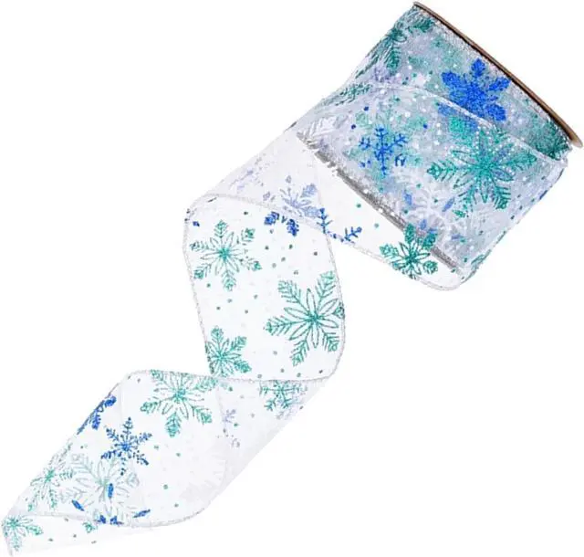 Main image of Wired Christmas Wrapping Ribbon Glitter Snowflake Pattern Decorative 2.5InX 10yd