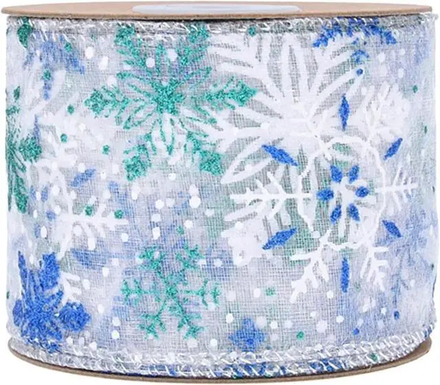 Alt view image 3 of 3 - Wired Christmas Wrapping Ribbon Glitter Snowflake Pattern Decorative 2.5InX 10yd