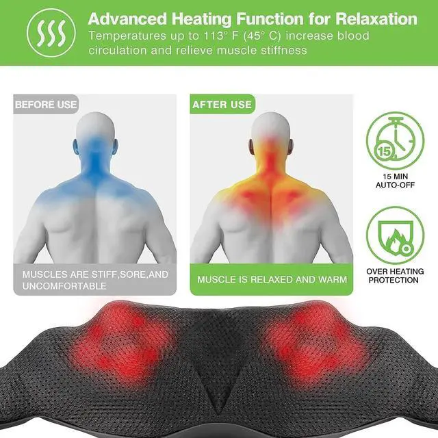 Alt view image 4 of 7 - Back Neck and Shoulder Massager with Heat Deep Tissue 3D Kneading Pillow