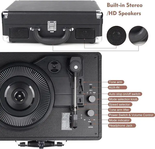 Alt view image 4 of 7 - Vinyl Record Player Wireless Turntable Bluetooth 3-Speed Portable Suitcase RCA