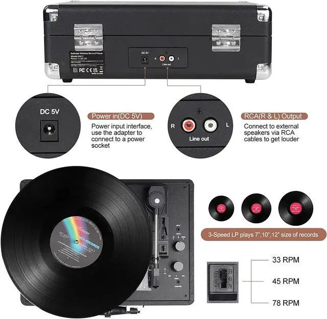 Alt view image 3 of 7 - Vinyl Record Player Wireless Turntable Bluetooth 3-Speed Portable Suitcase RCA